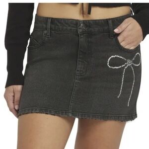 Millie Bobby Brown Black Denim Mini Skirt with Rhinestone Bow Accent 4 NWT